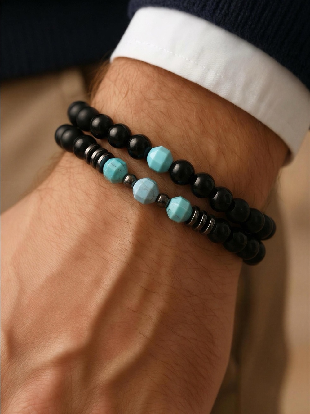 Men's Black Beaded Bracelet Set with Turquoise Accents